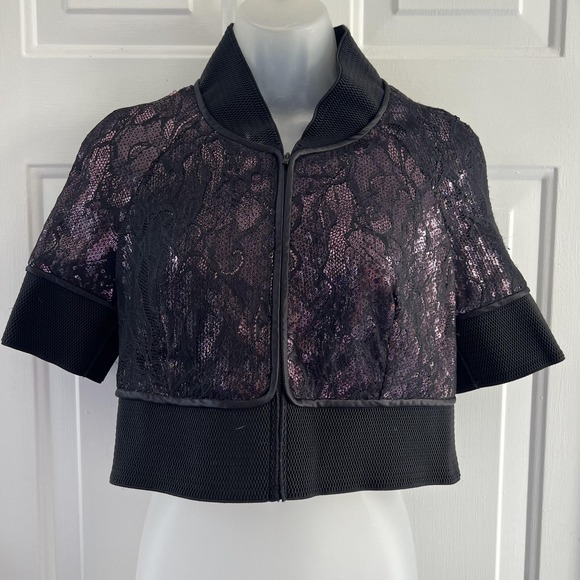 Vivienne Tam Cropped Jacket Womens 4 Lace Sequin Short Purple Black Whimsigoth - Picture 1 of 16